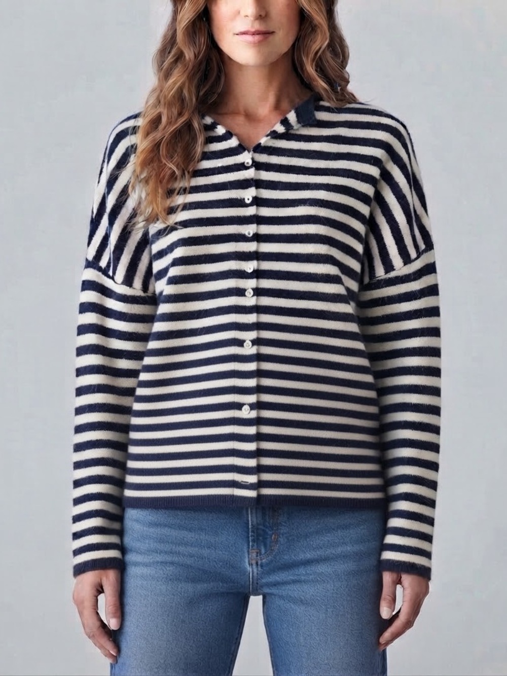 Things Between Piper Striped Cardigan Sweater Navy Cream Size Small